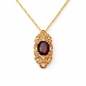 Vintage Style Garnet Necklace Gold Vermeil 925 Sterling Silver Ornate Pendant